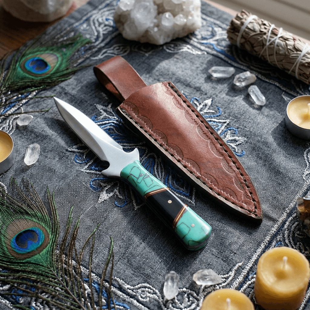 Overhead view of a 7-inch turquoise and black handled athame on a textured altar cloth, showcasing fine details amidst a ceremonial environment.