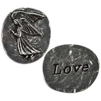 Love Angel pocket stone with angel engraving and "Love" inscription, pewter, 1" x 5/8", made in USA.