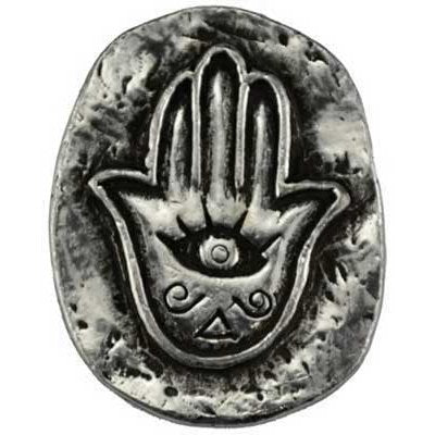 Hamsa pocket stone depicting ancient Hamsa Hand symbol in pewter.