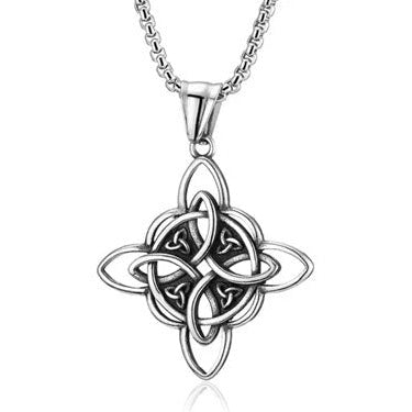 Celtic knot pendant necklace symbolizing strength and protection.