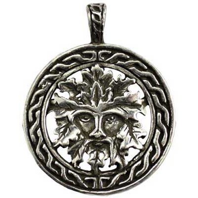 Celtic Greenman amulet symbolizing nature's rebirth, pewter, made in USA.
