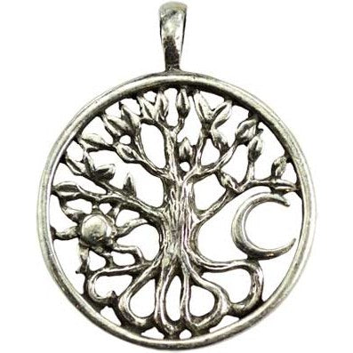 Celtic Tree of Life amulet with sun and moon design, pewter material, spiritual symbolism.