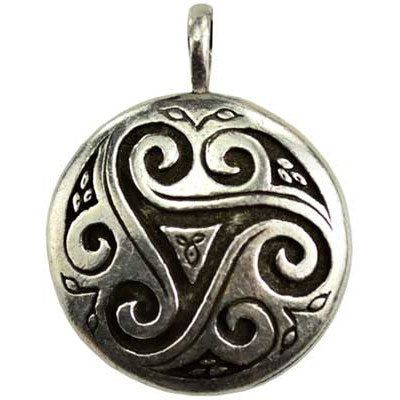Triskele Shield amulet representing mind, body, spirit cycle on round pewter shield.
