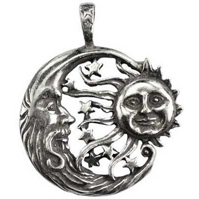 Windblown Celestial amulet with sun and moon design in pewter.