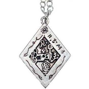 Discover Treasures amulet with intricate silver toned design on a 22" chain.
