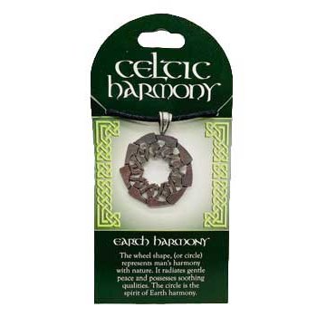 Celtic Earth Harmony amulet with wheel-shaped design and cord.