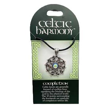 Celtic Harmony Completion amulet with intricate knotwork and pendant on a cord.