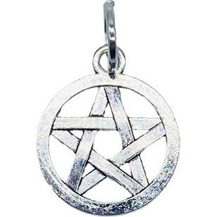 5/8" Pentagram amulet with interwoven design on a silver-toned jump ring.