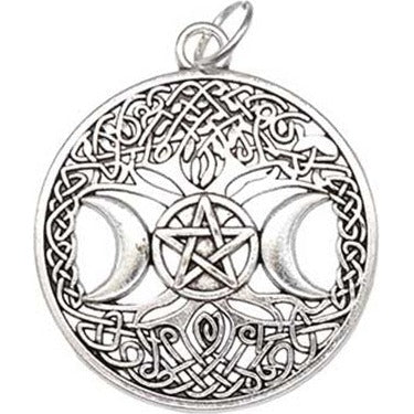 1 1/4" Tree of Life Triple Moon amulet, detailed pewter pendant with pentagram design showcasing nature and spirituality.