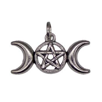 1 1/8 Triple Moon Pentagram amulet with goddess symbol and central pentagram.