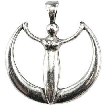 Wicca Power amulet featuring goddess in crescent moon, pewter pendant.