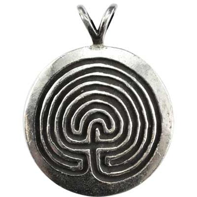 Wicca Protection amulet made of pewter with labyrinth design, 1 inch, includes cord.