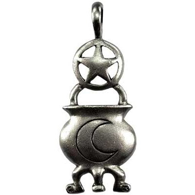 Wicca Spiritual Rebirth amulet featuring a pewter pentagram and cauldron design.