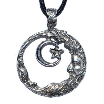 Wicca Wisdom amulet with crescent moon and elder's face design, pewter, 1 1/4 inch.