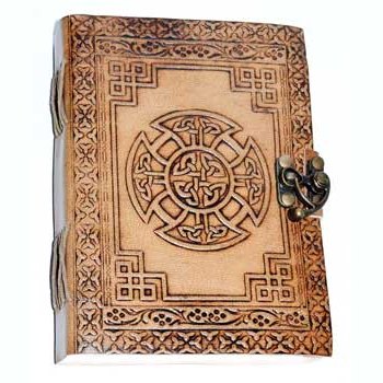 7" Celtic Cross leather journal with latch and knotwork design.