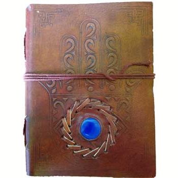 7" Evil Eye Stone Embossed leather journal with Hamsa hand design and wrap around cord.