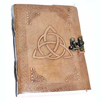 7" Triquetra leather journal with latch and embossed spiral knotwork.
