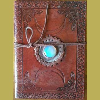 7" Triple Moon embossed leather journal with opalite stone and Celtic design.