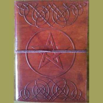 7" Pentagram leather blank book with embossed design and attached cord closure.