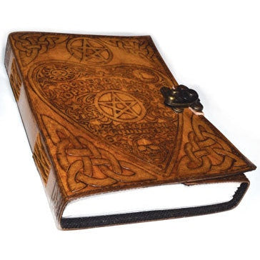 Ouija Board Planchette-themed leather journal with latch closure and Celtic designs.