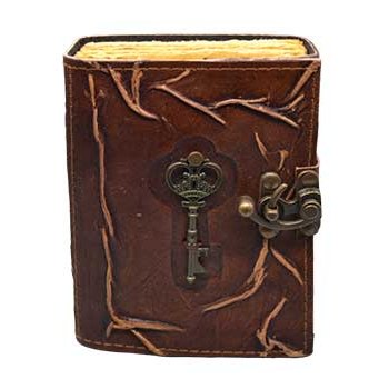 Key aged embossed leather journal with metal key and latch closure.