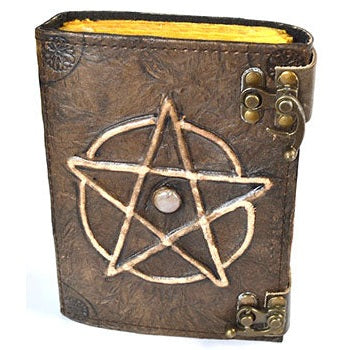 Stone aged leather journal with raised Pentagram design and single stone center, double latch closure.