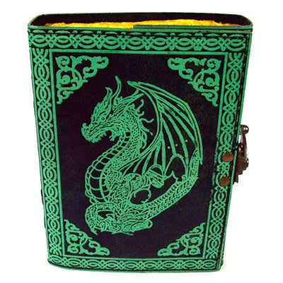 Embossed leather journal with green dragon and Celtic design, aged paper, latch closure, 4.5" x 6.5".