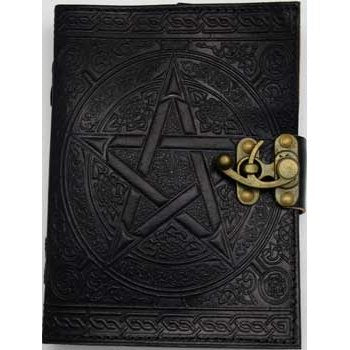 7" Black Pentagram leather journal with embossed design and metal latch closure.