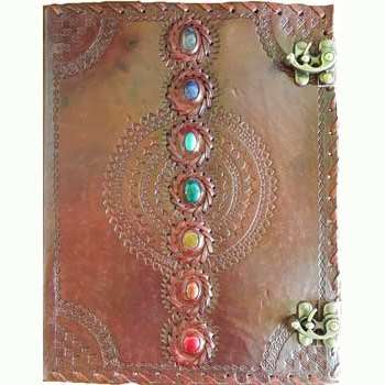 13" Chakra leather blank book with embossed design and latch.