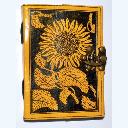 Sunflower leather blank book with latch, mustard yellow cover, 5x7 inches, 240 unlined pages.