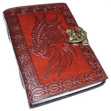 Celtic Dragon leather blank book with latch and knot design.