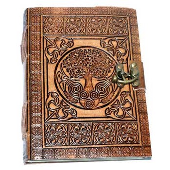 Tree of Life embossed leather journal with latch closure, featuring Celtic Knotwork and handmade paper pages.