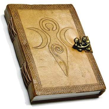 Earth embossed leather journal with Goddess symbol and latch closure, eco-friendly and spiritual protection design