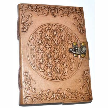 5" x 7" tan leather journal with Flower of Life embossing and latch closure.