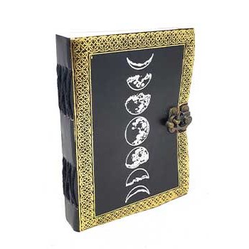 7" Moon Phase silver and black embossed leather journal with latch and gold Celtic knot frame.