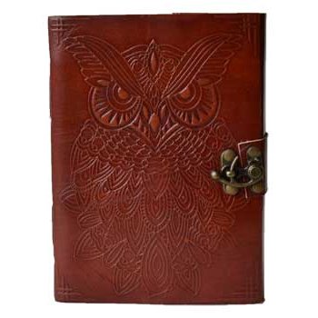 7" Owl leather blank book with latch, embossed cover design, handmade linen pages.