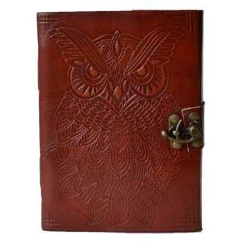 7" Owl leather blank book with latch, embossed cover design, handmade linen pages.