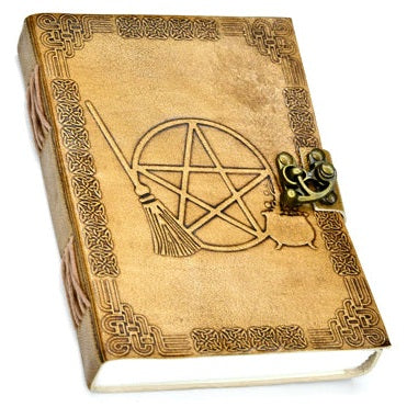 7" Broom Pentagram Embossed leather journal with latch closure and Celtic knotwork.