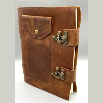 Soft leather journal with double latch and pocket, featuring unlined recycled paper.