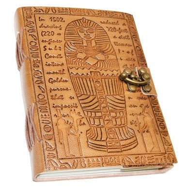 7" Egyptian embossed leather journal with King Tut design and metal latch