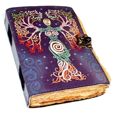Aged leather journal with Goddess tree design and latch, featuring 240 unlined pages.