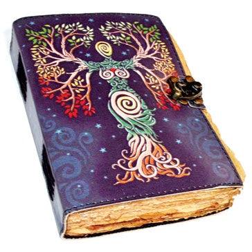Aged leather journal with Goddess tree design and latch, featuring 240 unlined pages.
