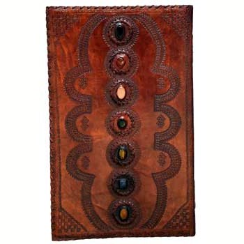 14"x22" leather blank book with 7 Chakra stones and Indian-inspired design.