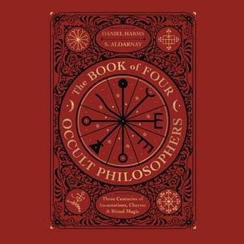 Book of Four Occult Philosophers hardcover by Harms & Aldarnay, featuring magical seals and illustrations.