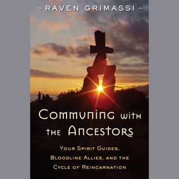 Cover of "Communing with the Ancestors" by Raven Grimassi featuring a sunset behind a stone formation.