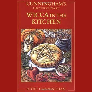 Cunningham's Encyclopedia of Wicca in the Kitchen by Scott Cunningham book cover featuring magical food illustrations.