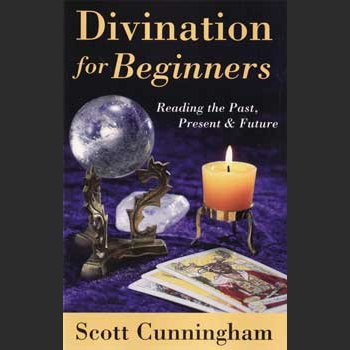 Divination for Beginners book by Scott Cunningham cover featuring crystal ball and tarot cards.