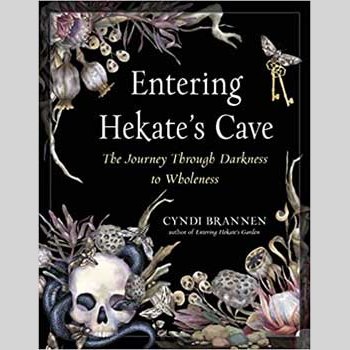 Entering Hekate's Cave by Cyndi Brannen book cover featuring mystical symbols and natural elements.