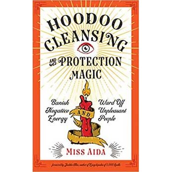 Hoodoo Cleansing & Protection Magic book by Miss Aida cover featuring red candle and protective symbols.