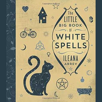 Little Big Book of White Spells cover featuring mystical symbols and a black cat illustration.